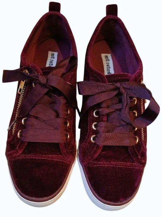 NOT RATED Red/Burgundy Velvet Gold Zipper Satin Lace Sneakers - Picture 7 of 16